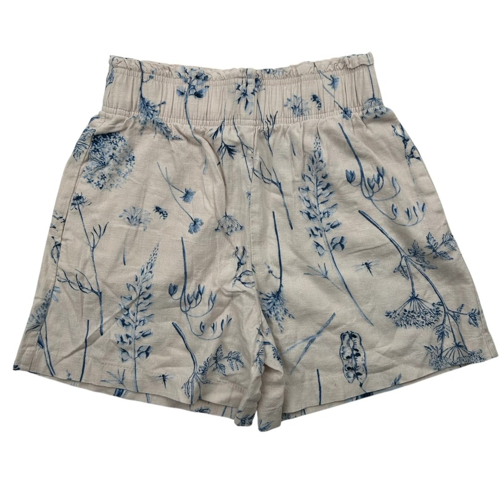 H&M Cream/Pink Blue Linen Viscose Blend High Rise Shorts Elastic Waist Sz XS